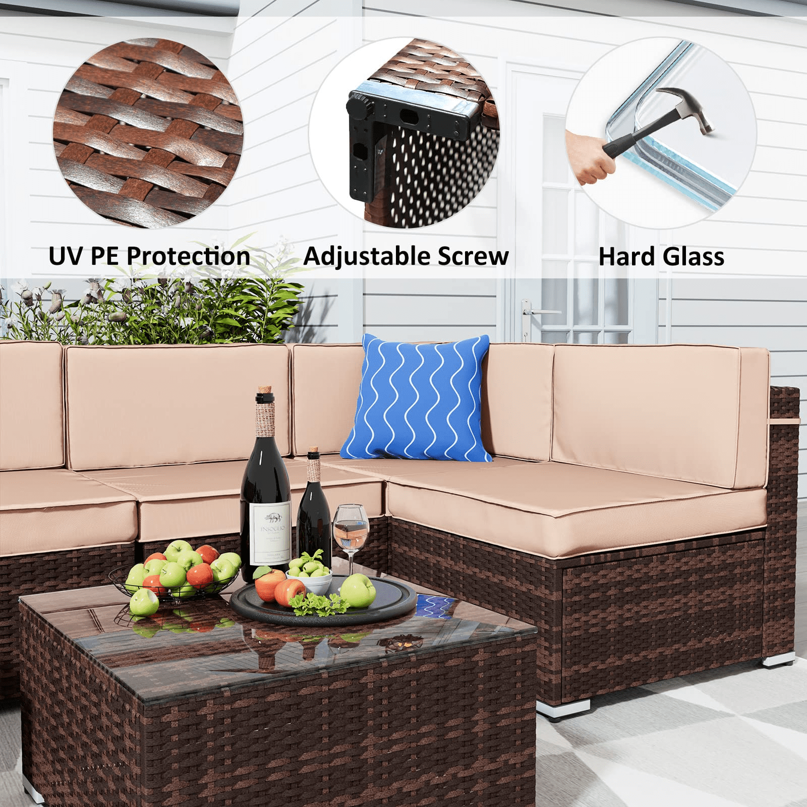 Amopatio 7 Pieces Patio Conversation Set, Outdoor Sectional PE Rattan Wicker Furniture Seat,Beige