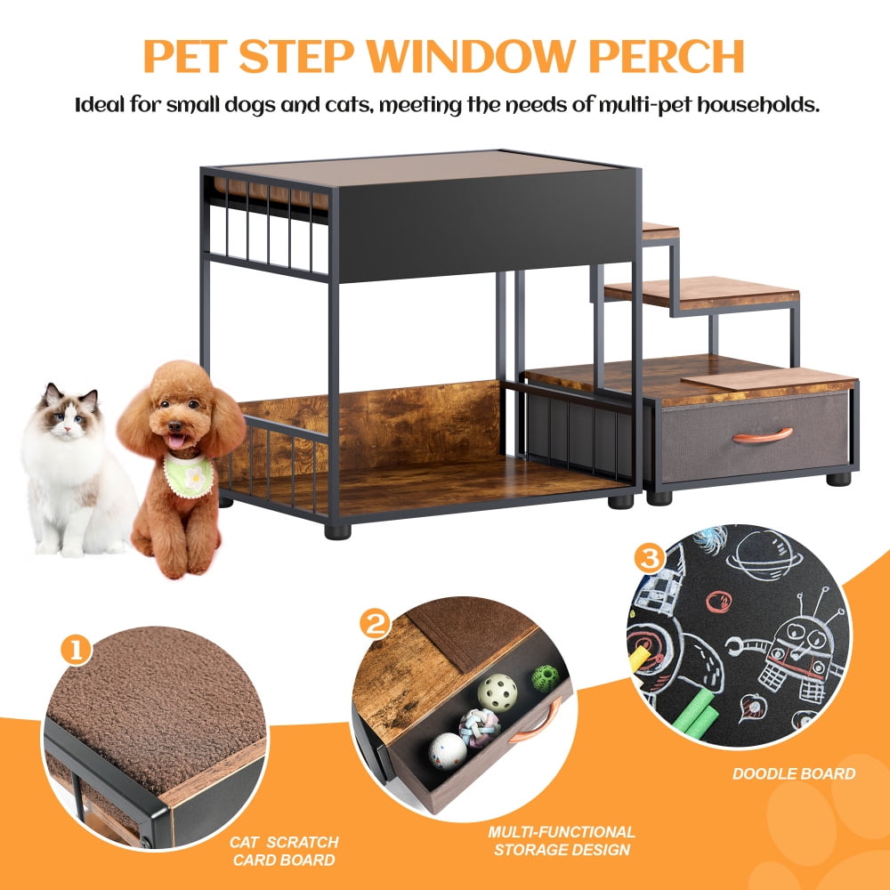 Tcbosik Pet Step Window Perch with Cat Scratch, Dog and Cat Perch with Storage Drawer and Doodle Board, Multi-Functional Modern Furniture with Metal Frame for Bedroom Living Room, Black