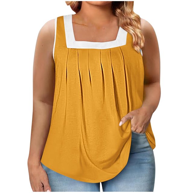 Timegard Plus Size Tops for Women Square Neck Pleated Sleeveless Color Block Blouse Casual Loose Tops