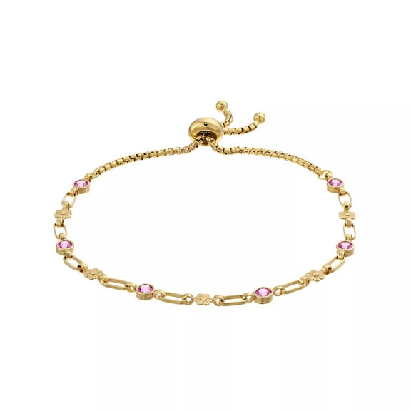 Kristen Kesho 18K Gold-Plated Sterling Silver Pink Cubic Zirconia Bolo Flower Bracelet Adjustable Length