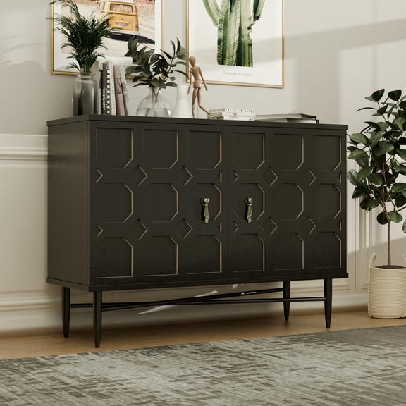 Carved Decorative Storage Cabinet, Fluted Wooden Buffet, Sideboard with 2 Doors & Adjustable Shelf, Accent Cabinet for Living Room,Entryway, Kitchen and Dining Room. Walnut Brown