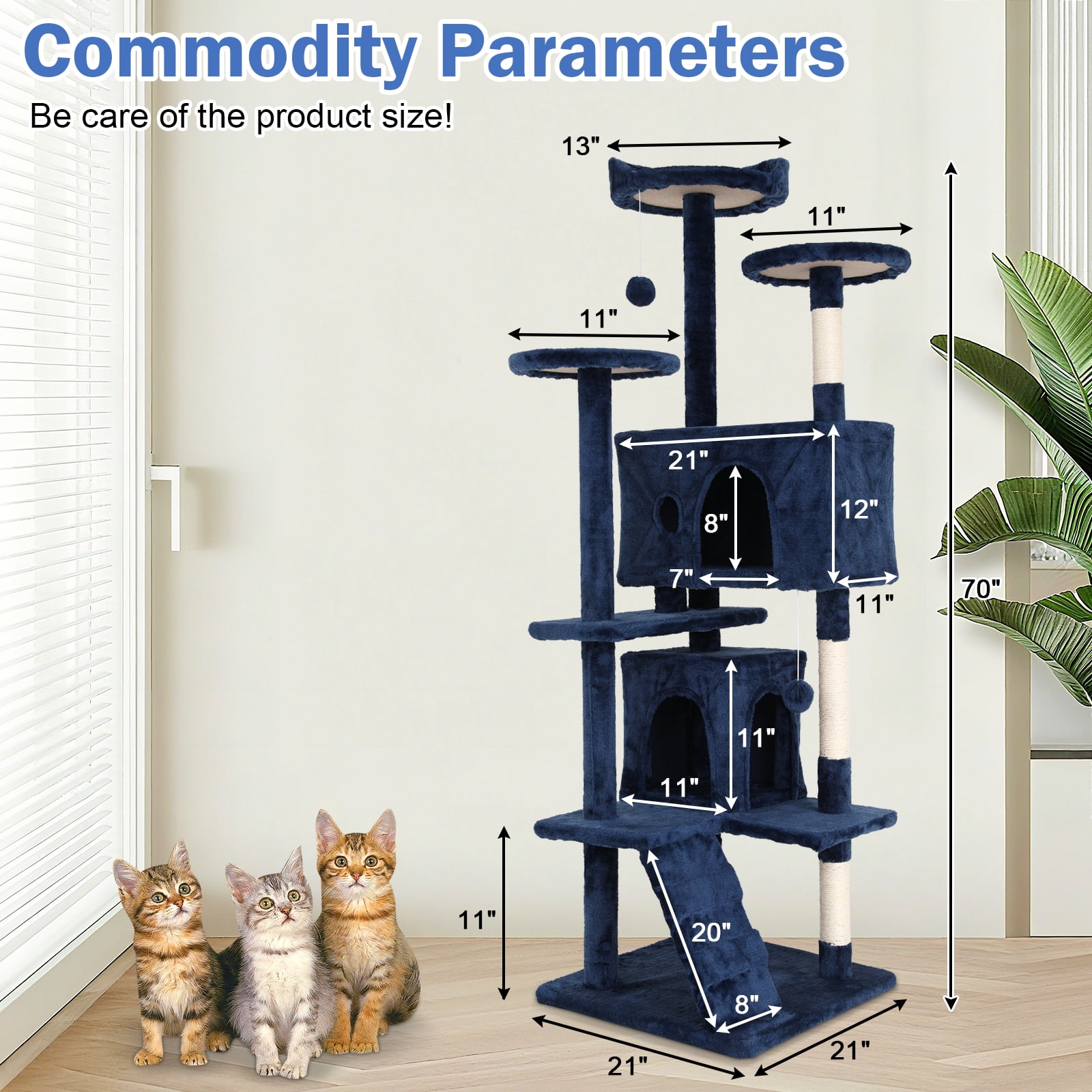 Dkelincs 70" Large Cat Tree Tower Multi-Level Cat Condo Pet Play House with Scratching Post & Hanging Toy for Indoor Cats, Navy Blue