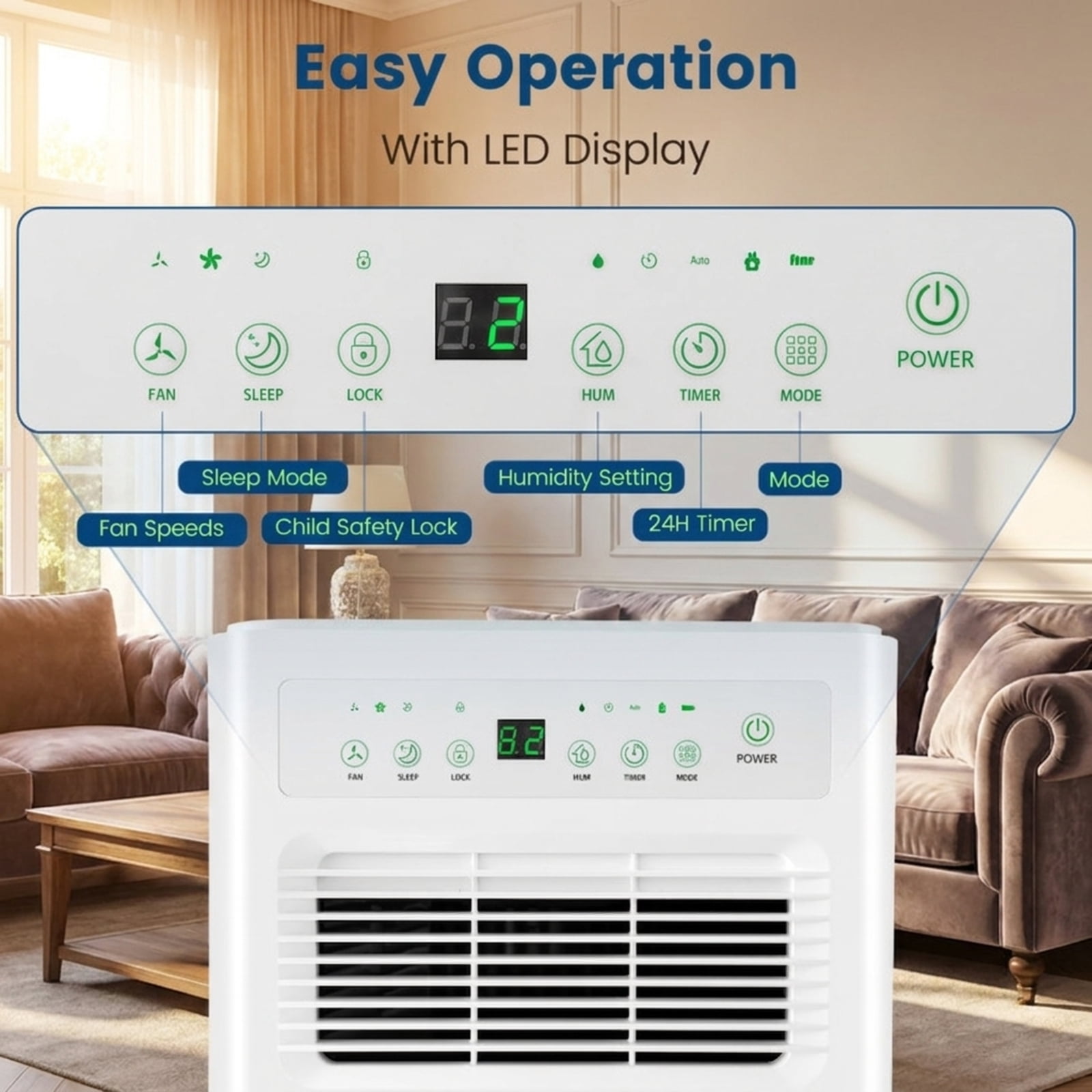 RUIE 32 Pint Dehumidifier for Home Basement Bedroom Bathroom, 2500 Sq Ft Dehumidifier with Drain Hose, 3 Modes, 24H Timer & Sleep Mode, Quiet 33dB Dehumidifier with Wheels, Blue