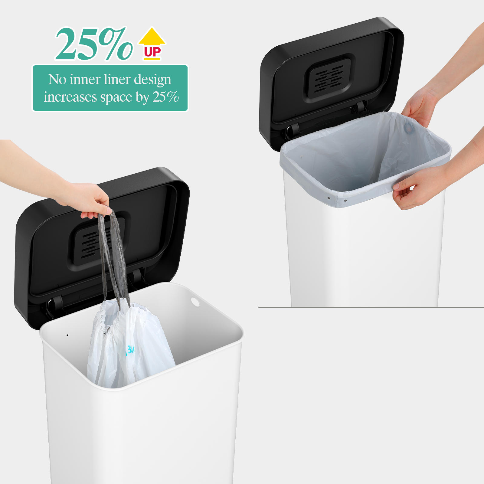 Pirecart Stainless Steel Trash Can, 13.2 Gal Large Capacity Garbag Bin with 15 Inner Bags & Rear Trash Bag Storage Compartment, Garbage Can W/ Soft-Close Lid & Built-In Deodorizer Box, White