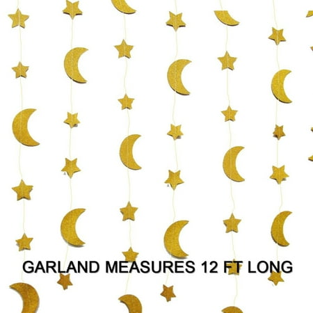 Gold Glittery Moon And Star Garland Banner Nursery Decoration Twinkle Twinkle Little Star Sparkling 12 Ft Party Supplies Background Decor. Great For Parties, Birthdays, Holidays, Baby Showers And