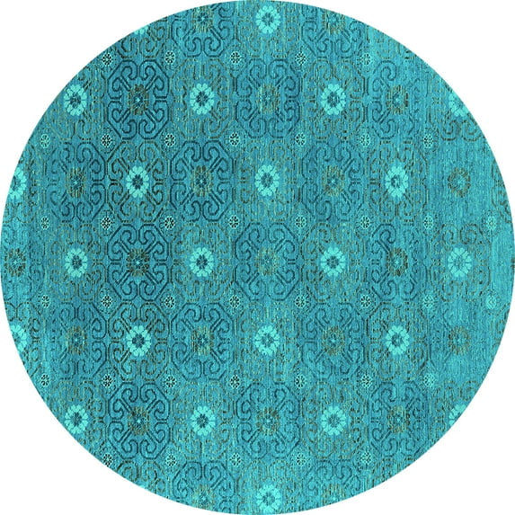 Ahgly Company Machine Washable Indoor Round Oriental Turquoise Blue Industrial Area Rugs, 3' Round