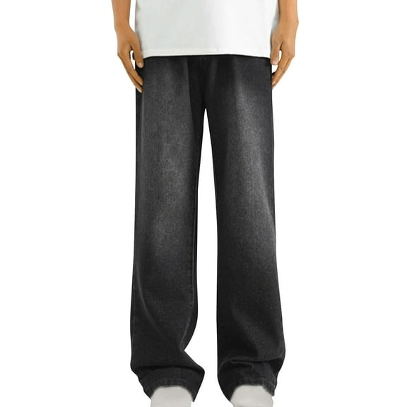 FNFYFH Men's Loose Fit Straight Leg Denim Jeans Baggy Wide Leg Plain Hip Hop Pants Y2K Skater Trousers Streetwear with Pockets