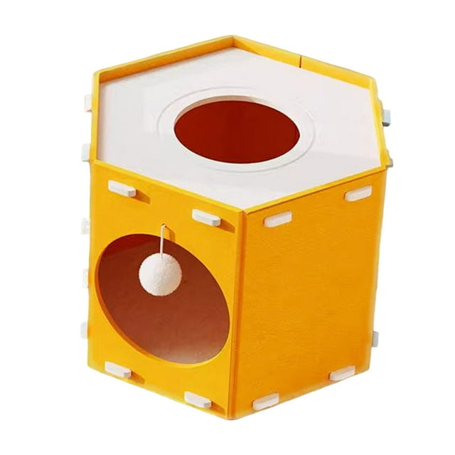 Casita para gatos con cama cerrada, rascador y mirilla extragrande. Cueva para gatos donde jugar y descansar. Naranja