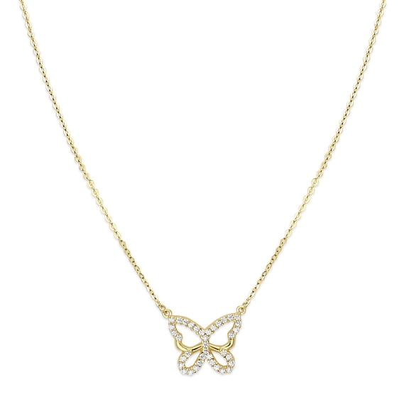 Wellingsale 14k Yellow Gold Polished Pave CZ Cubic Zirconia Open Butterfly Pendant Necklace - 17"