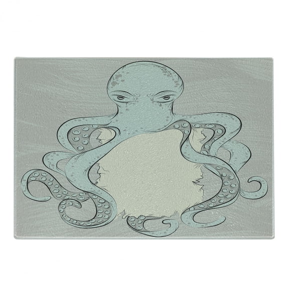 Sea Monster Cutting Board, Hand Drawn Messy Illustration of an Octopus Holding Sign, Decorative Tempered Glass Cutting and Serving Board, in 3 Sizes, by Ambesonne