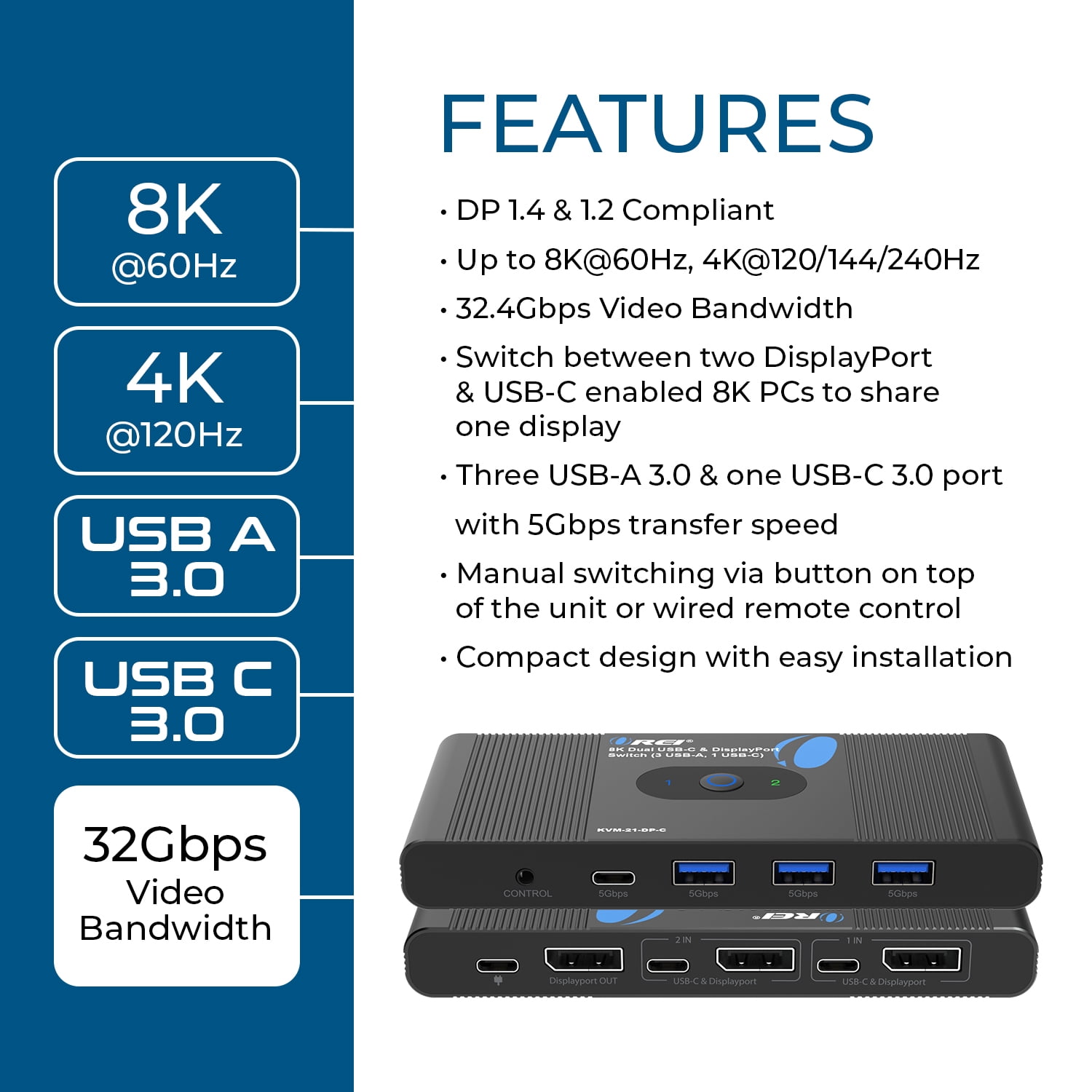 8K USB-C and DisplayPort KVM Switch with 3 USB-A and 1 USB-C Ports (KVM-21-DP-C)