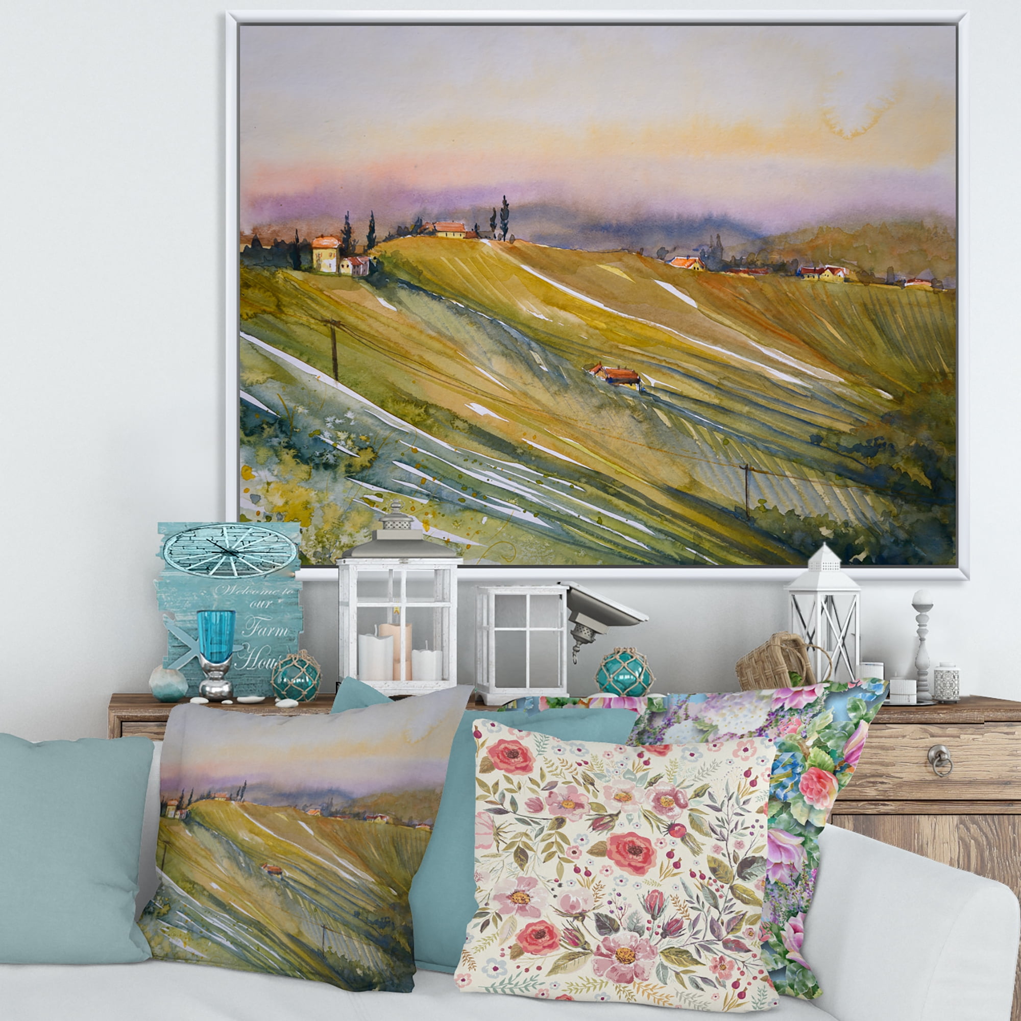 Designart 'Vineyard At Morning In Tuscany Italy' Country Framed Canvas Wall Art Print