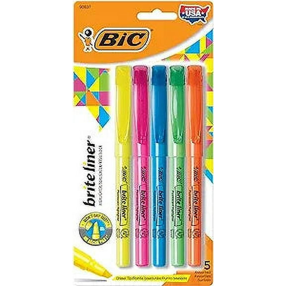 BIC Brite Liner Highlighters, Chisel Tip, 5-Count Pack of Highlighters Assorted Colors, Ideal Highlighter Set for Organizing and Coloring