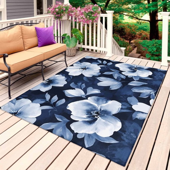 Navy Blue Spring Floral Outdoor Rug for Patio/Deck/Porch, Non-Slip Large Area Rug 5 x 8 Ft, Summer Botanical Abstract Flowers Indoor Outdoor Rugs Washable Area Rugs, Camping Rug Carpet Runner