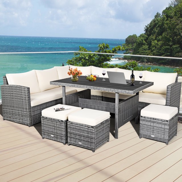 Gymax Ensemble de Conversation pour Terrasse en Rotin 7 Pcs, Sectionnel, avec Coussins Blancs