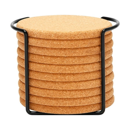 

Round Cork Coasters for Drinks with Metal Holder Storage Reusable Saucers for Cold Drinks Wine Glasses Cup