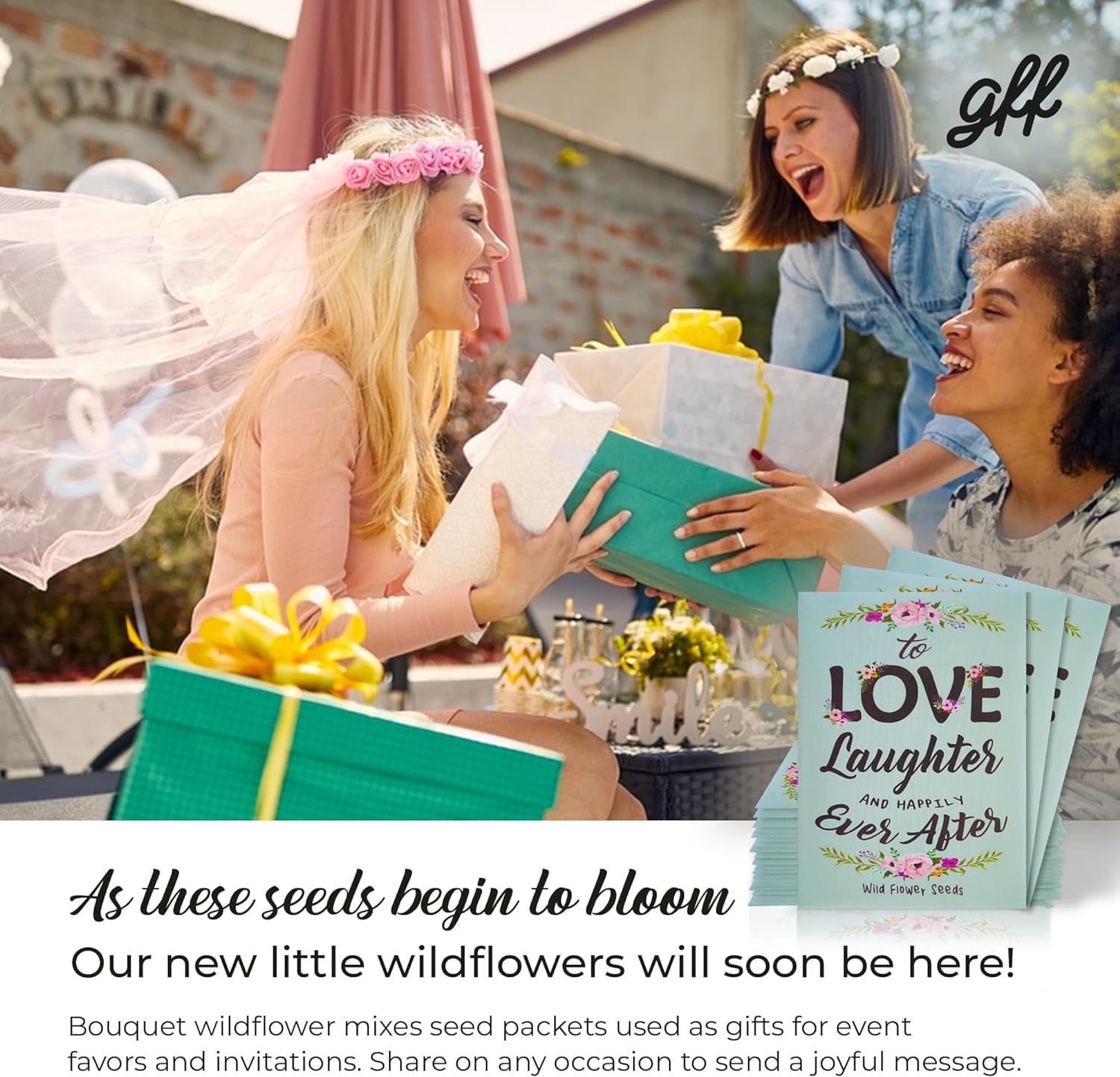 Pre-Filled Wildflower Seed Packet for Wedding Favor Baby Showers Bridal Shower - ''Love Laughter and Happily Ever After'' Party Favors for Guests - Plant Year-Round Seed Mix - Pack of 20