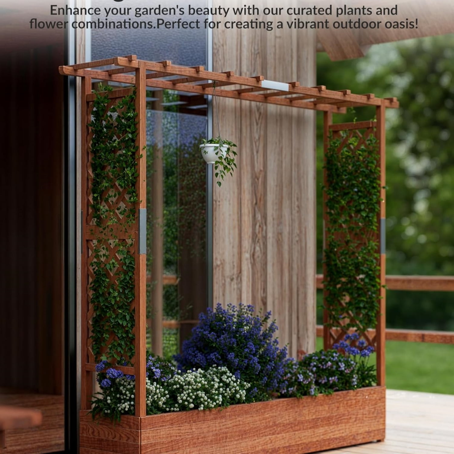 Riedhoff Outdoor Wooden Raised Garden Bed with Trellis, Hanging Roof & Side Trellis, 77.16 x 17.32 x 71.65"