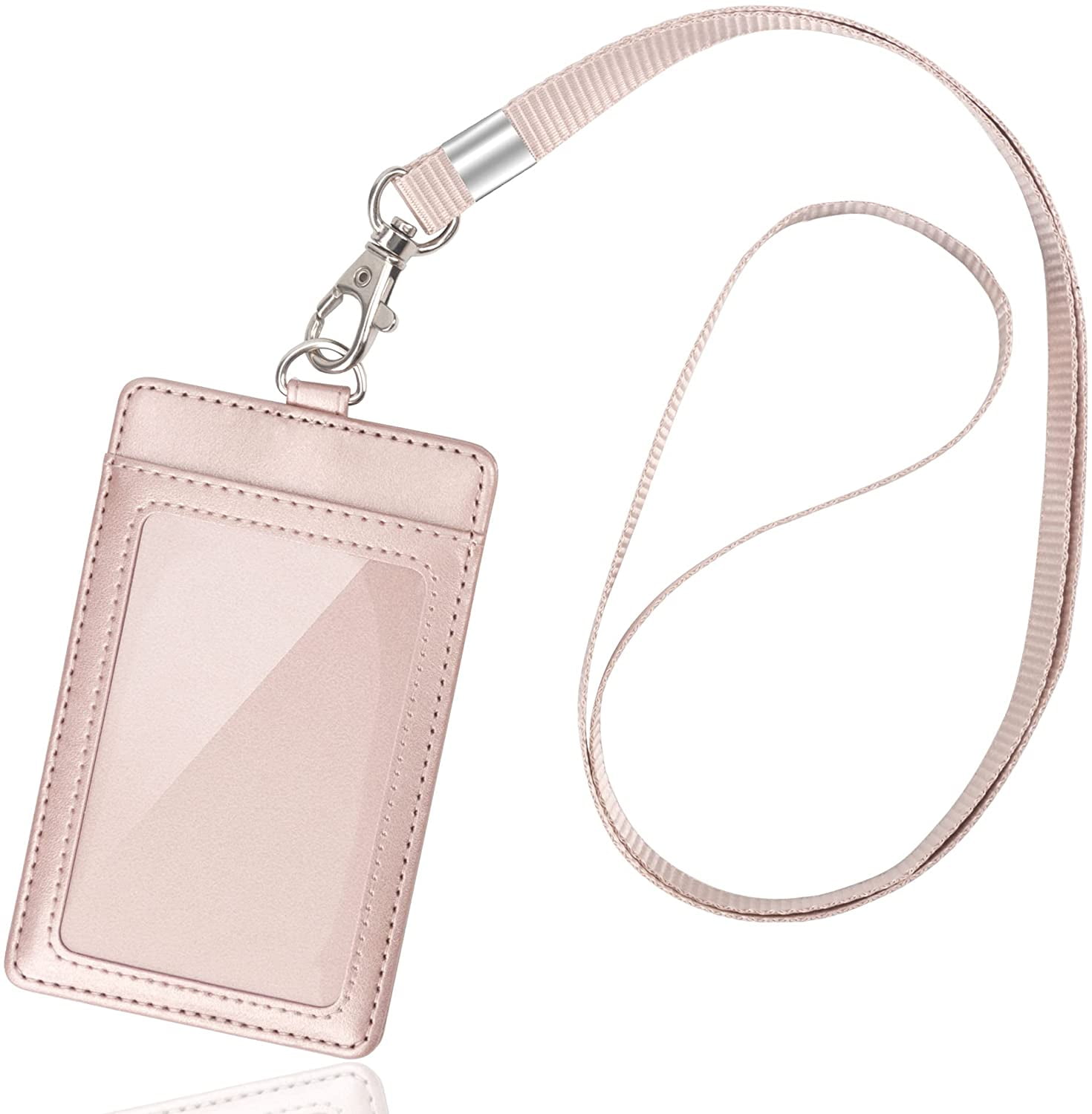Leather ID Badge Holder with Neck Lanyard Credit Card Holder Clips for Office 