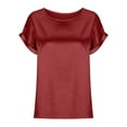 thumbnail image 3 of YYDGH Women's Elegant Round Neck Rolled Short Sleeve Satin Silk Blouse Tops Wine Red XL, 3 of 5