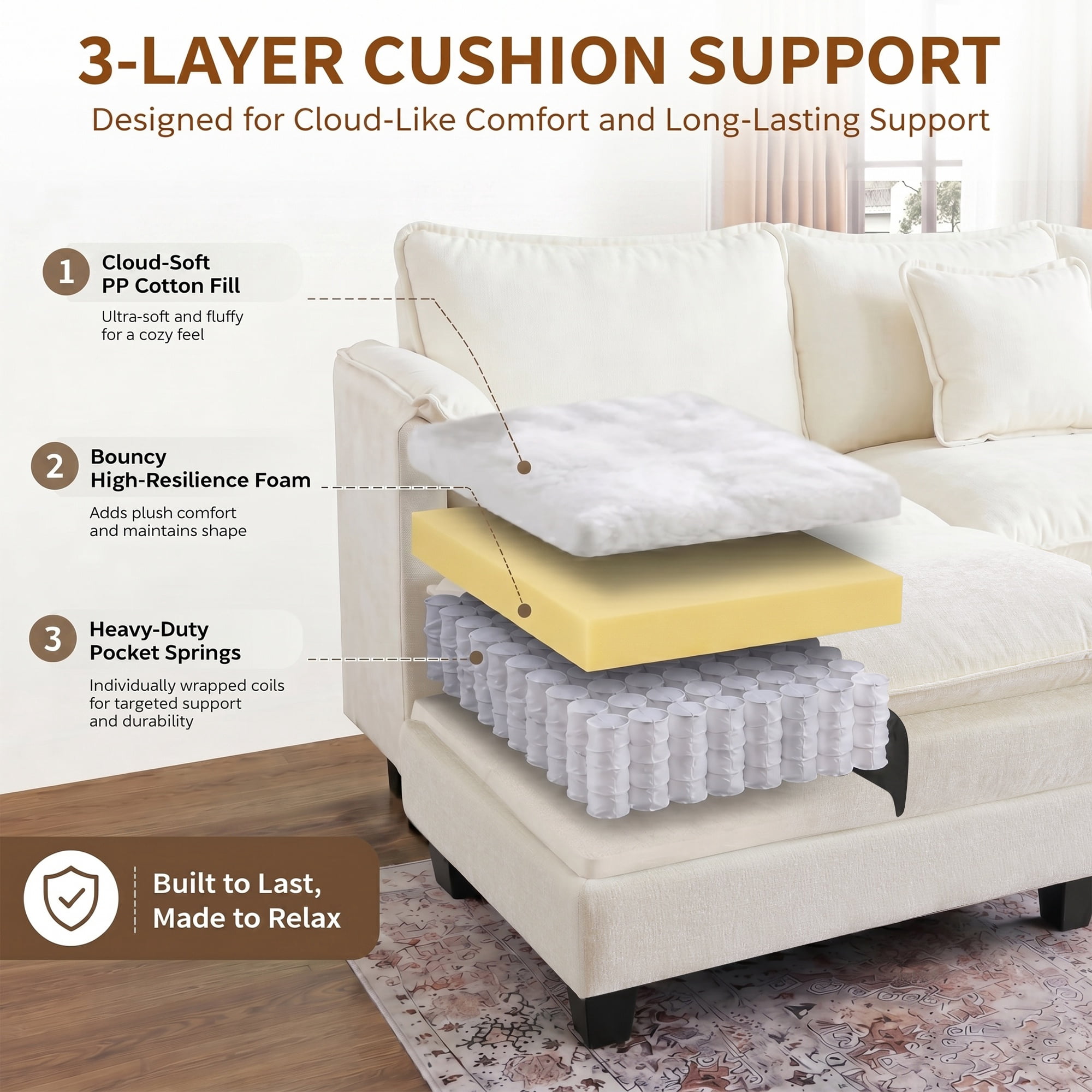JULY'S SONG U Shaped Couch Set, 4-Seater Modular Sectional Sofa with Movable Ottoman, Deep Seat Couches and Sofas for Living Room, Comfy Cloud Couch with Detachable Cushions, Chenille Cream White
