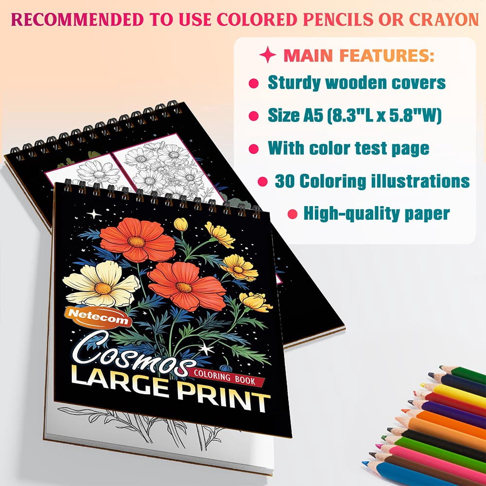 Netecom Large Print Cosmos Coloring Book Spiral Bound for Adults, A5 Wooden Cover, 30 Bold and Simple Flowers Coloring Pages of Oversized Designs for Stress Relief and Relaxation