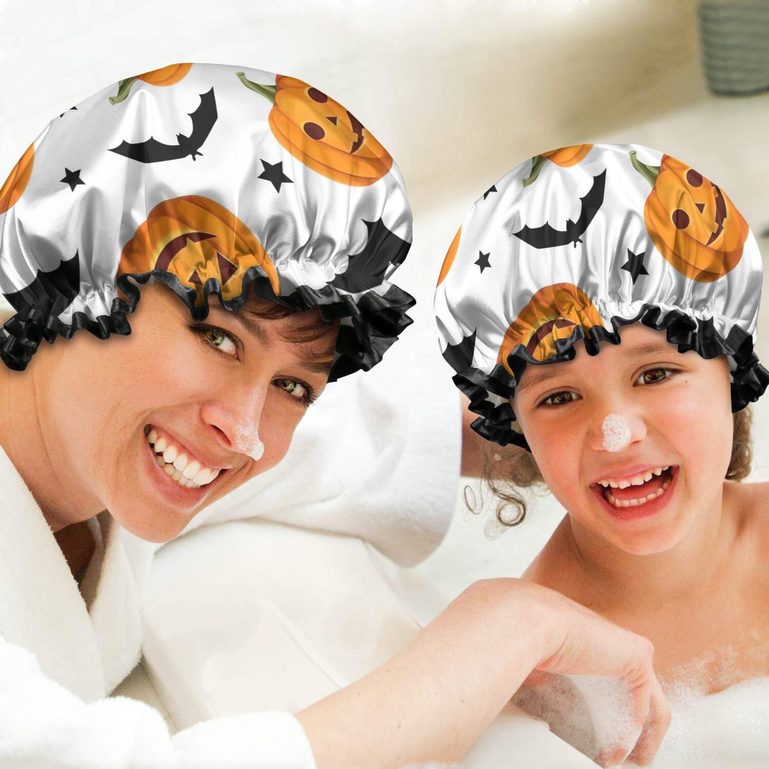 Shower Caps,Halloween Pumpkins Bats and Stars Waterproof Shower Cap for Women 4 Pieces,Double Reusable Hair Cover for Shower PEVA Elastic Stretch Hem