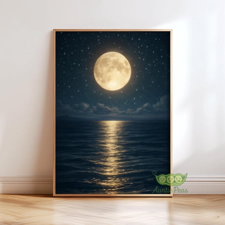 Moonlight Ocean Wall Art Print Moon Night Seascape Painting Moody Coastal Decor Dark Sky Ocean Art Serene Bedroom & Living Room Wall Art Poster Only