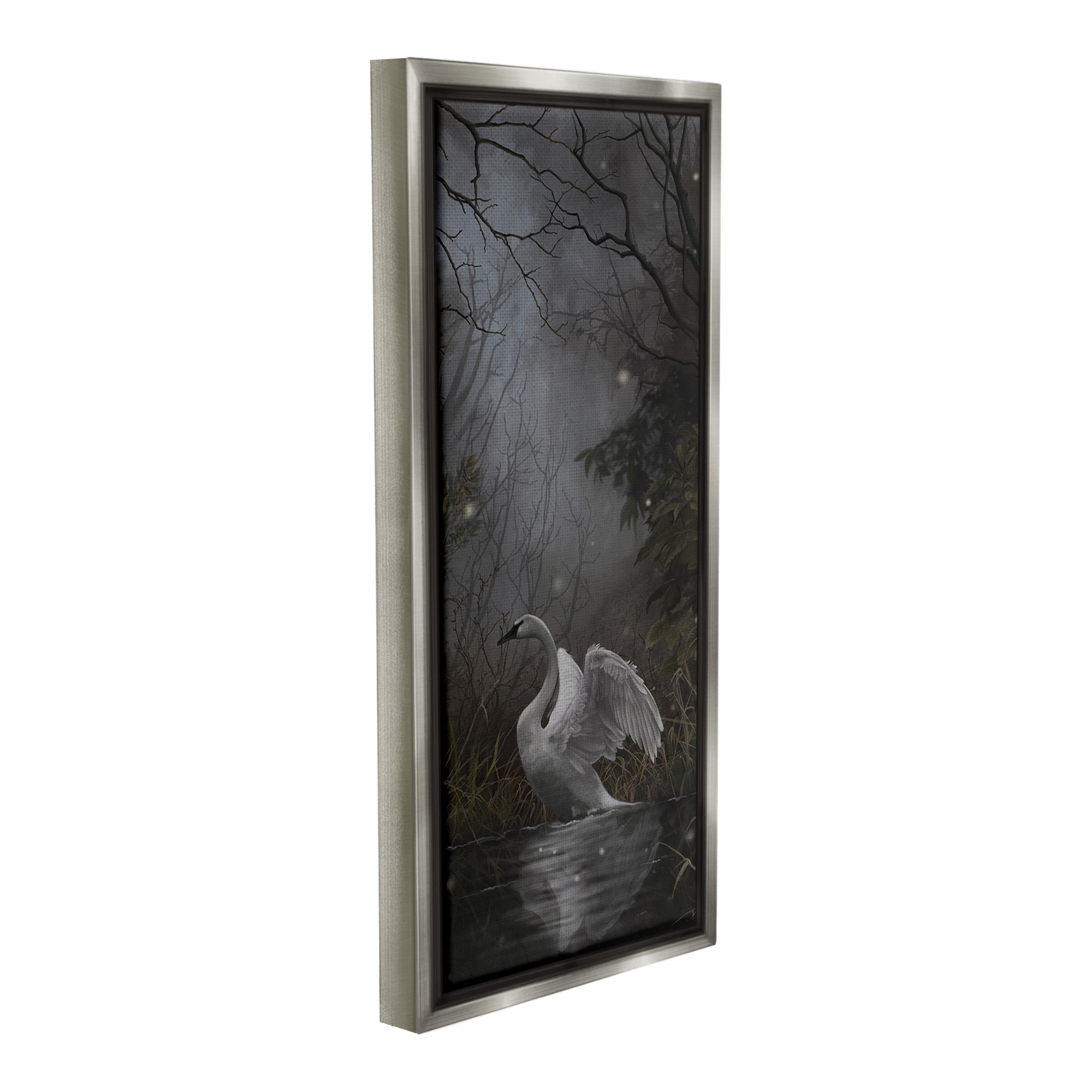 Stupell Industries Swan in Dark Night Pond Animals & Insects Painting Gray Floater Framed Canvas Art Print Wall Art, 14 x 31