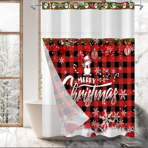 MIZHONA Red Plaid Christmas No Hook Shower Curtain Hookless curtain with Snap in Liner, 71" x 71"