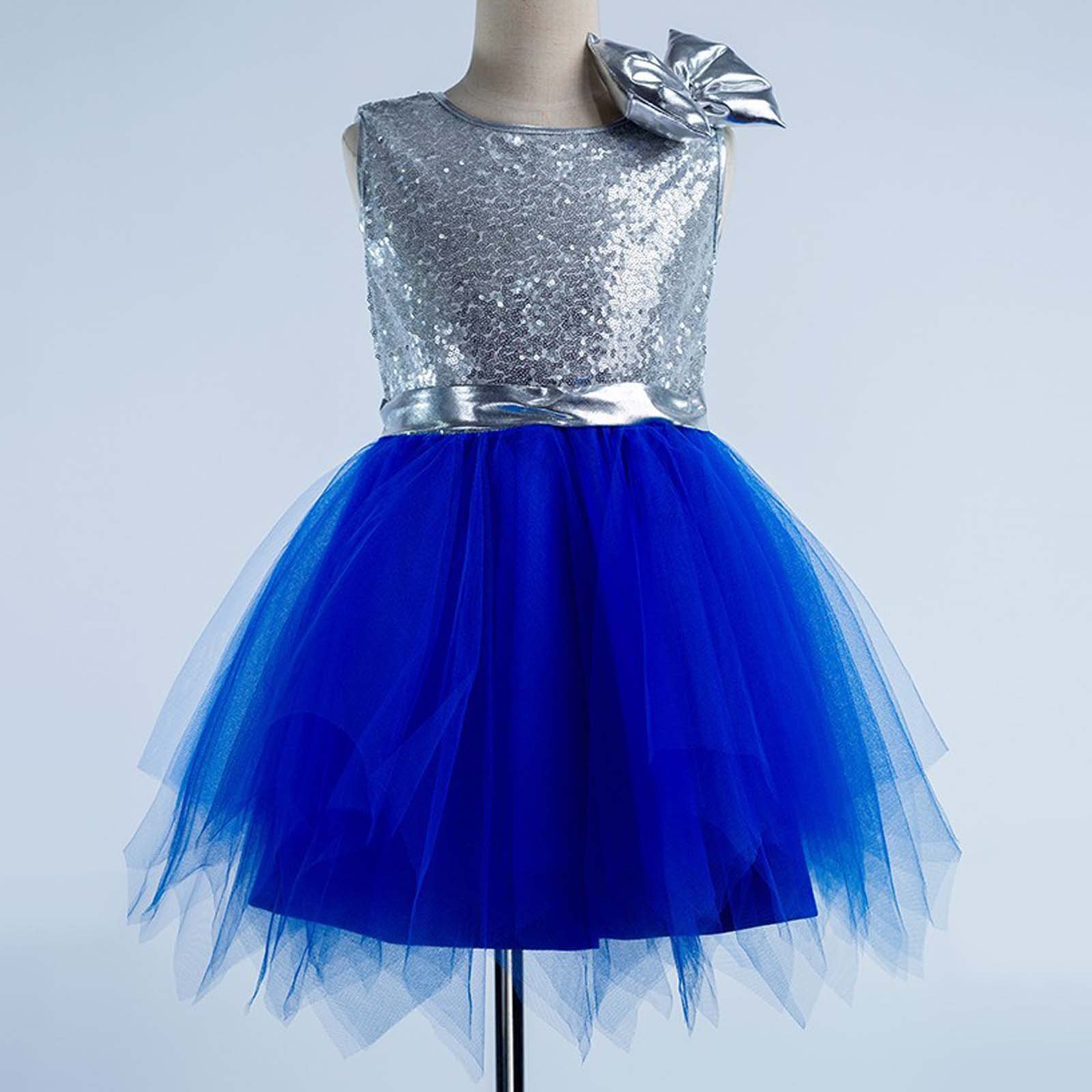OOOUM Girls Sleeveless Tutu Dress Sequin Color Block Party Dress With Bow Stage Performance Stylish Outfits Blue 2-3 Years