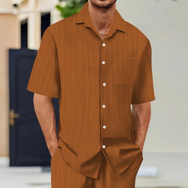 pstuiky camisetas para hombre, Conjunto informal de verano para hombre, de color liso, de manga corta, con solapa y cordón elástico en la cintura. camisetas de hombre s