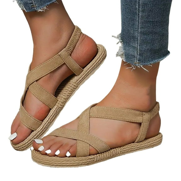 PEASKJP Sandals Women Wide Feet Women's Sandals Dress Summer Sandals Beach Sandal Shoes Elastic Ankle Comfortable Flat for Women (Khaki,6.5)