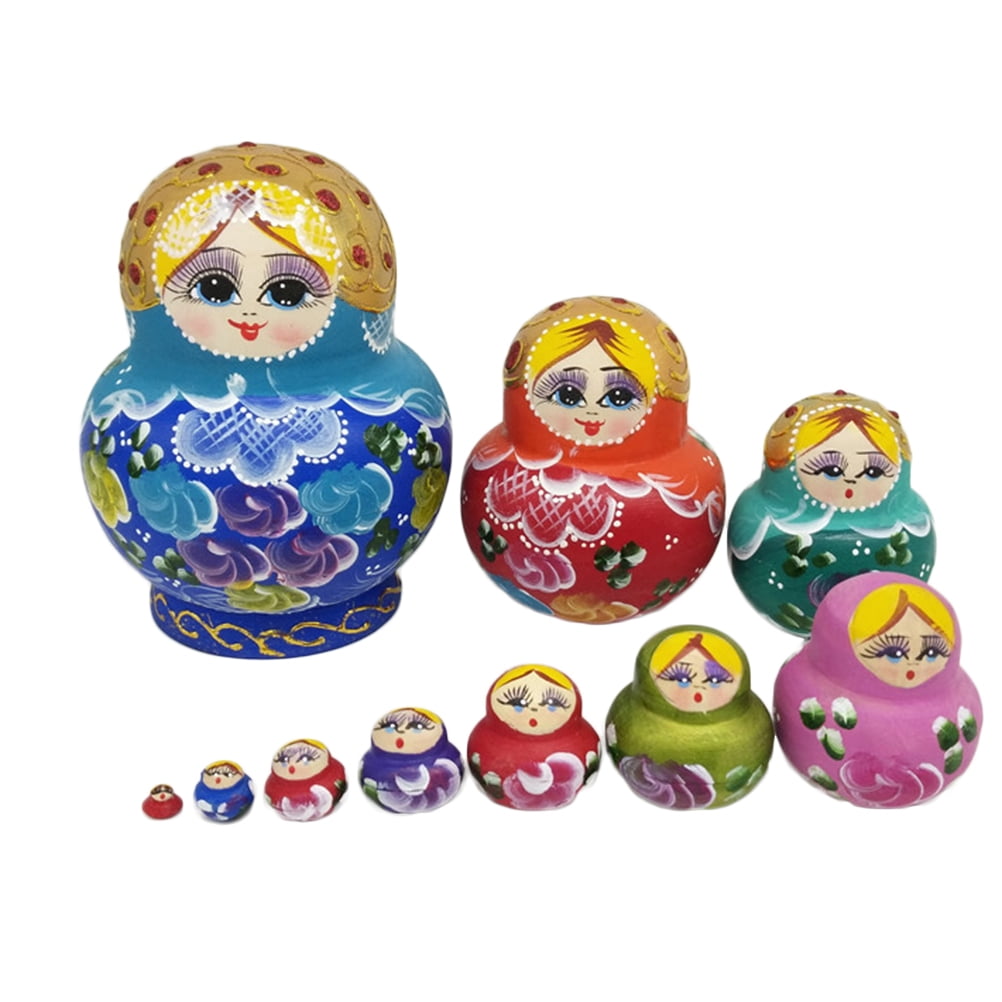 10 Pcs Wooden Russian Nesting Dolls Matryoshka Handmade Stacking Girl Gift Toys 