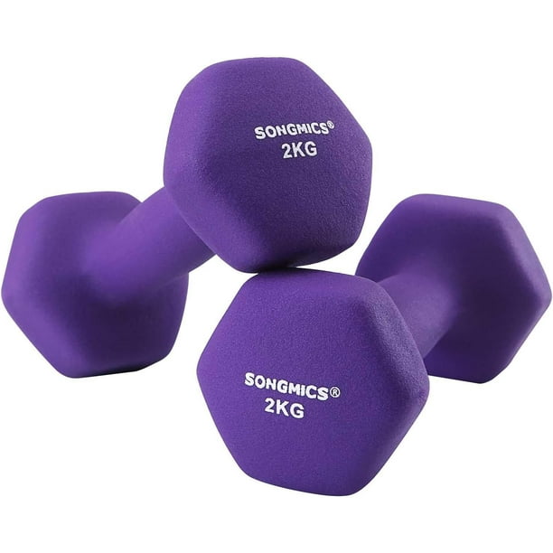 SONGMICS Juego de 2 Mancuernas, 2 x 2 kg, Recubrimiento de Vinilo Antideslizante, con Acabado Mate, para Gimnasia en Casa, Entrenamiento de Ejercicios de Fitness, Violeta
