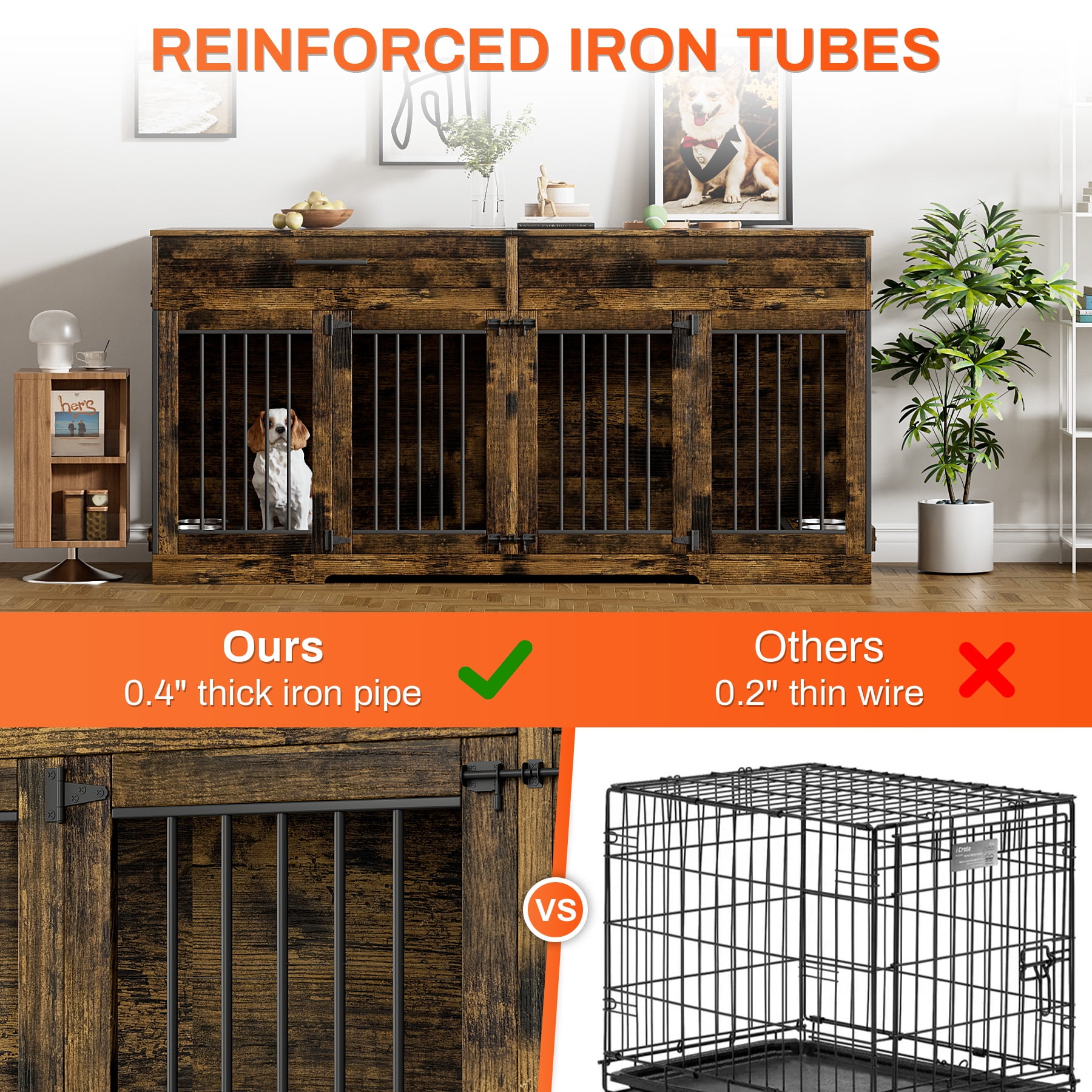 Rophefx 72" Dog Crate Furniture for 2 Dogs,Large Kennel with 2 Drawers and 4 Bowls,Wooden Heavy Duty Indoor Dog House,Brown