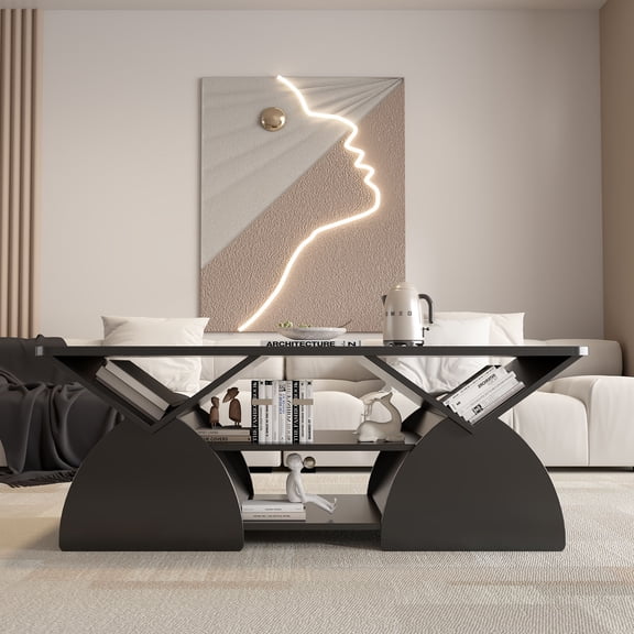 YIYADO Rectangular Coffee Table with Open Shelves, Modern Coffee Table Geometric Design, Suitable for Reception Room, Living Room, Black