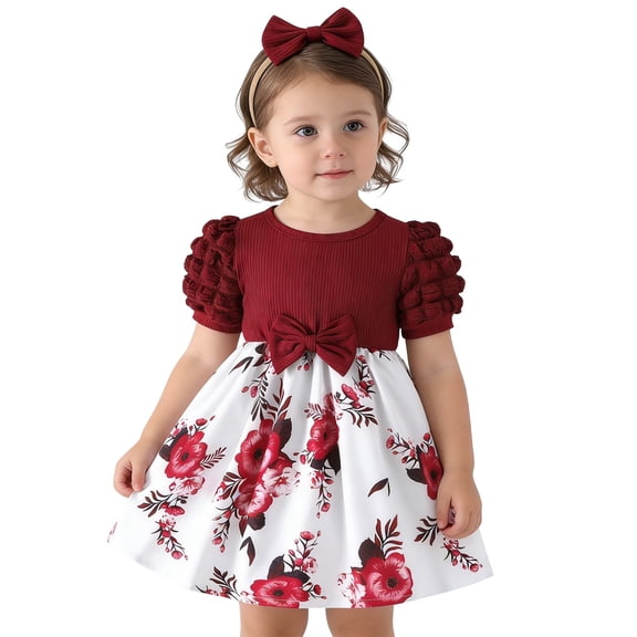 FAOWME Kids Girls Dress Puff Sleeves Round Neck Floral Print Comfortable Fashion Dresses With Bow For Casual Daily Wear And Party,Brick Red,9-12 Months