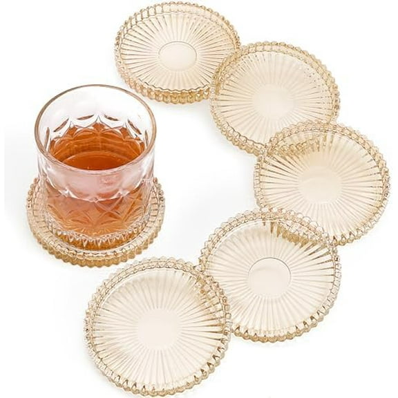 Modern Glass Coasters, Set of 6 Crystal Coasters Tabletop Protection for Drinks, Home Decor, Kitchen, Living Room, Patio, Wedding, Party, Housewarming Gifts, Amber