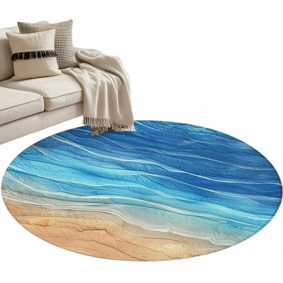 Blue Ombre Coastal Round Area Rug 3 FT, Small Kitchen Bathroom Mat, Summer Nautical Beach Ocean Seaside Washable Indoor Outdoor Throw Runner Carpet Doormat for Table Shower Sofa Entryway