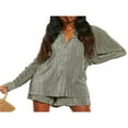 thumbnail image 3 of Women Casual 2 Pcs Clothes Set Solid Color Ruched Long Sleeve Button Down Shirts with Shorts Suit, 3 of 9