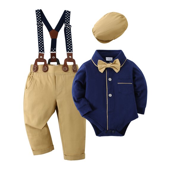 Baby Boy Clothes Outfit Formal Suits Newborn Tuxedo Romper Shirts Suspender Pants Hat Bowtie 4pcs