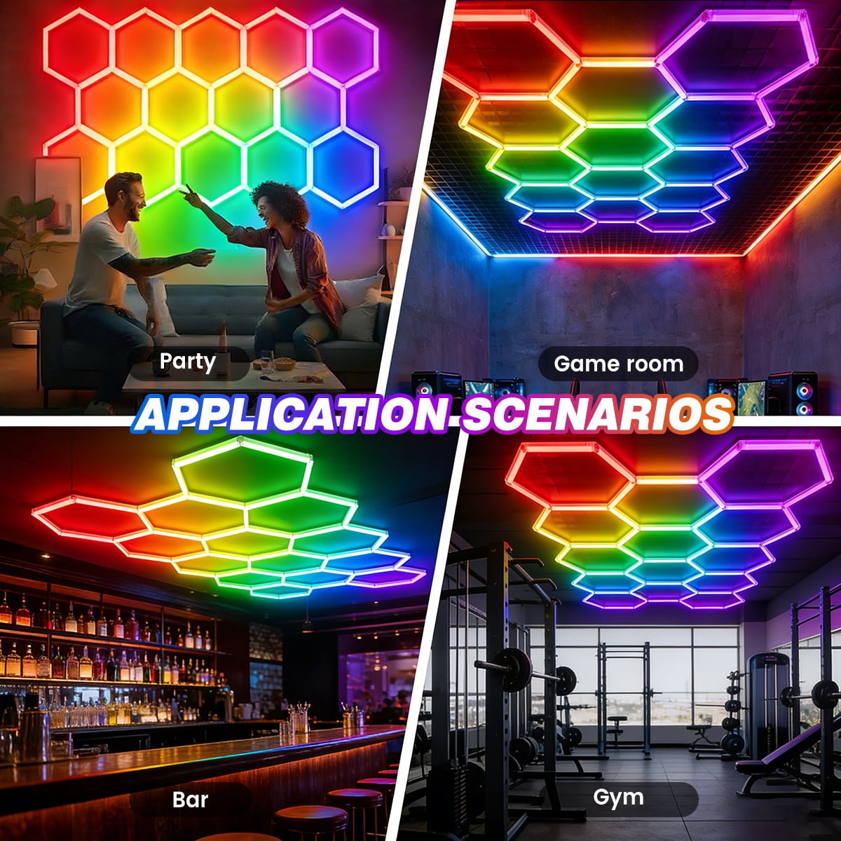 14 Grid RGB Hexagon Lights, DIY 47Pcs Garage LED Panel Light, 356 Color Modes | Music Sync | Smart App & Remote Control LED Ceiling Lights for Gym Bar Gaming Room Garage Lighting Basement Decor