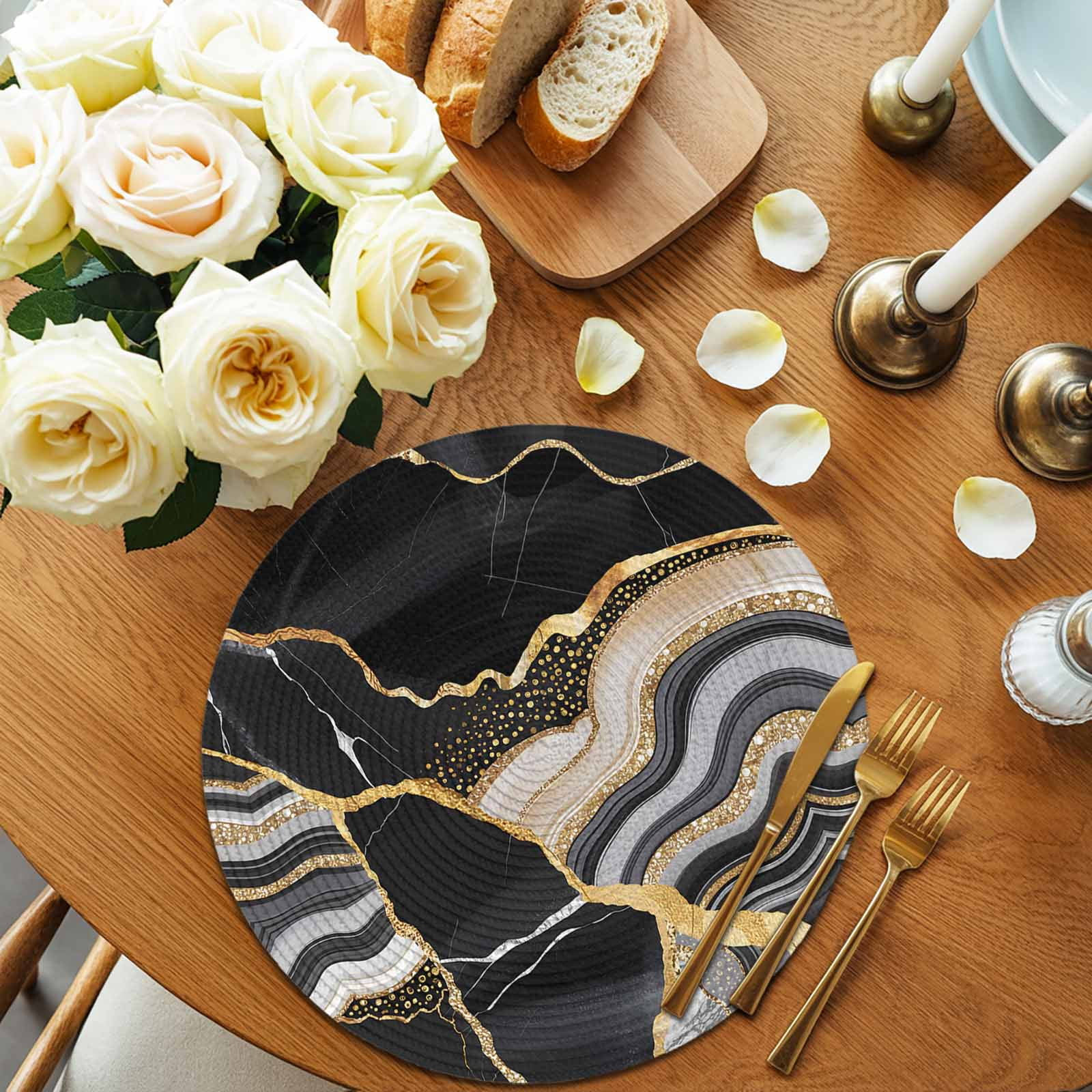 Round Placemats Set of 4 Black Marble Texture Place Mats Washable Woven Placemat Abstract Gold Fluid Circle Braided Table Mat for Kitchen Dining Table Party Home Decor 15 Inch