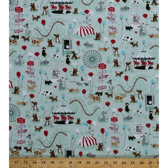 Cotton Pet Carnival Roller Coasters Carousels Merry-Go-Round Ferris Wheel Tents Balloons Dogs Animals Fair Amusement Park Kids Children's Fun Green Cotton Fabric Print by the Yard (bd-49219-a02)