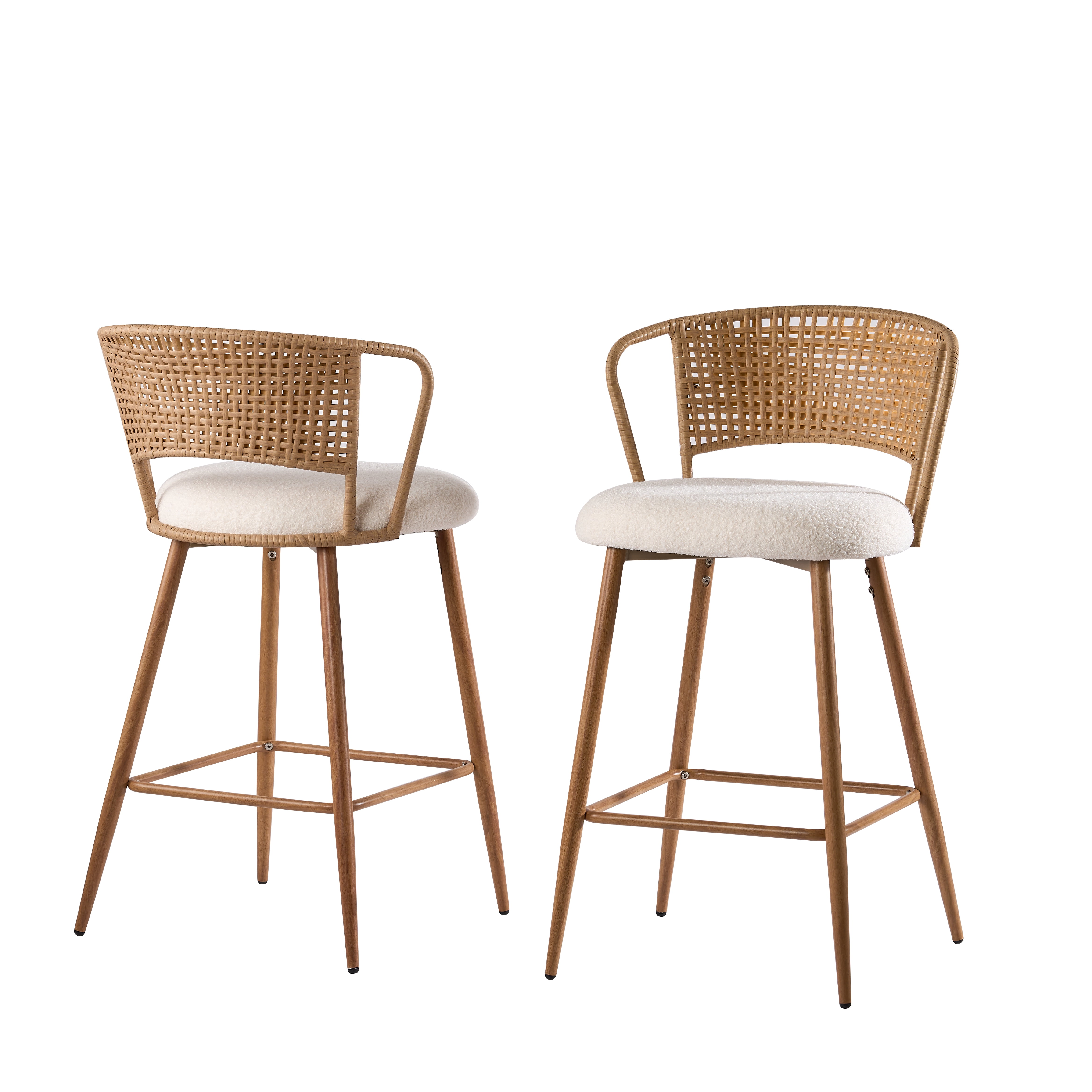 Set of 2 Rattan Backrest Bar Stools with Metal Legs and Upholstered Seat, Modern Boho Counter Stools and Kitchen Island Chairs, Cream