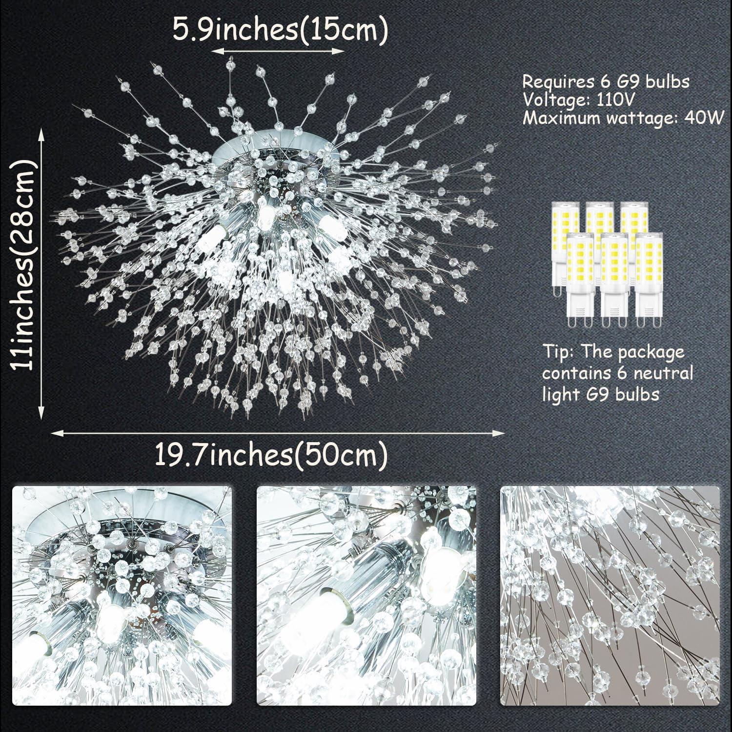 Modern Firework 19.7 in. W 6-light Modern Silver Flush Mount Ceiling Light  Modern Crystal Flush Mount Ceiling Light Fixture 19.7" Sputnik Close to Ceiling Light 6-Light Chrome Dandelion