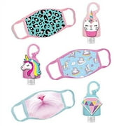 ABG Accessories Girls 3-Pack Kids Face Mask and Hand Sanitizer Holder Keychain (Flip Cap Reusable Empty Bottles) Age3-7, Unicorn Design, 6 Piece Set