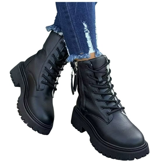Winter Snow Boots for Women Double Zipper Platform Lug Sole Lace up Furry Lined Black White Waterproof Leather Combat Booties