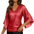 thumbnail image 4 of zaveiop Womens Sparkly Sequin Tops,3/4 Sleeve Glitter Party Dressy Blouse,V-Neck Disco Evening Club Concert Shirt (Red, 3XL), 4 of 6